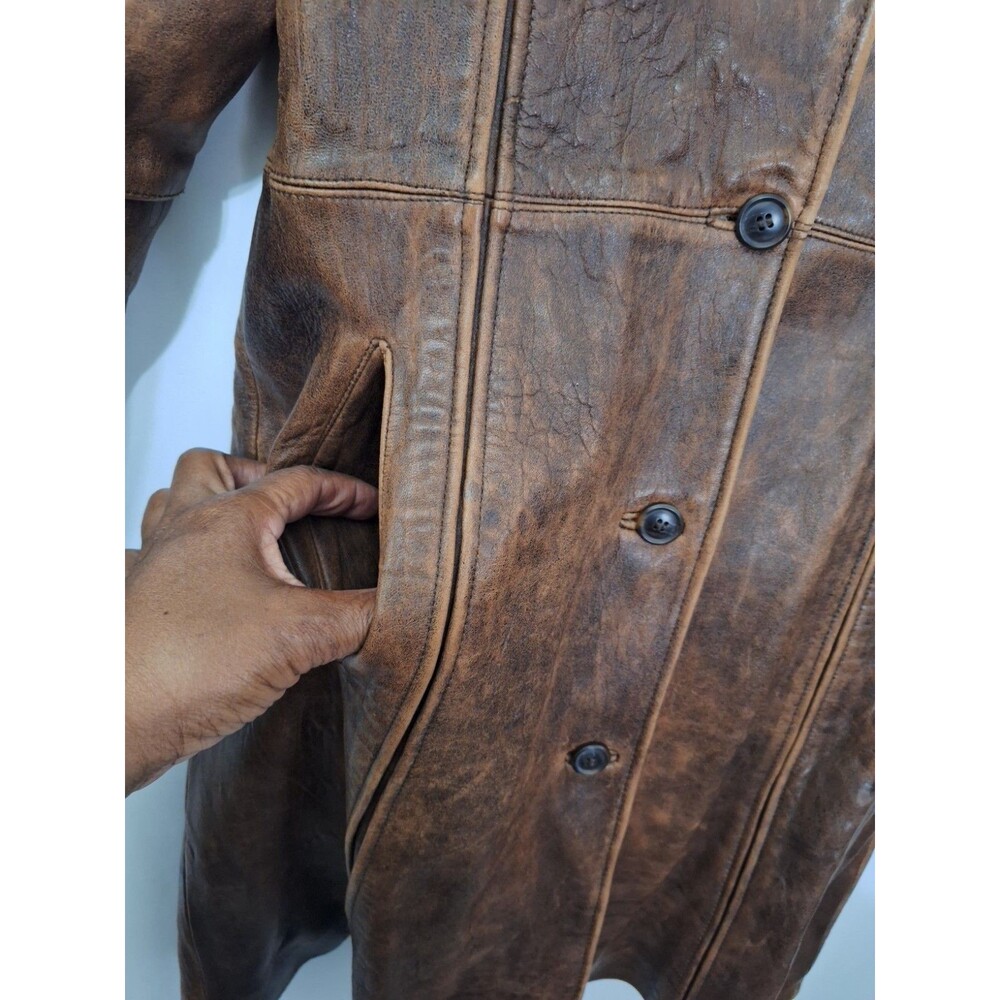 Rogue Leather Womens Genuine Leather Coat Sz M Brown Long Button Up Pockets Y2K - Picture 10 of 15